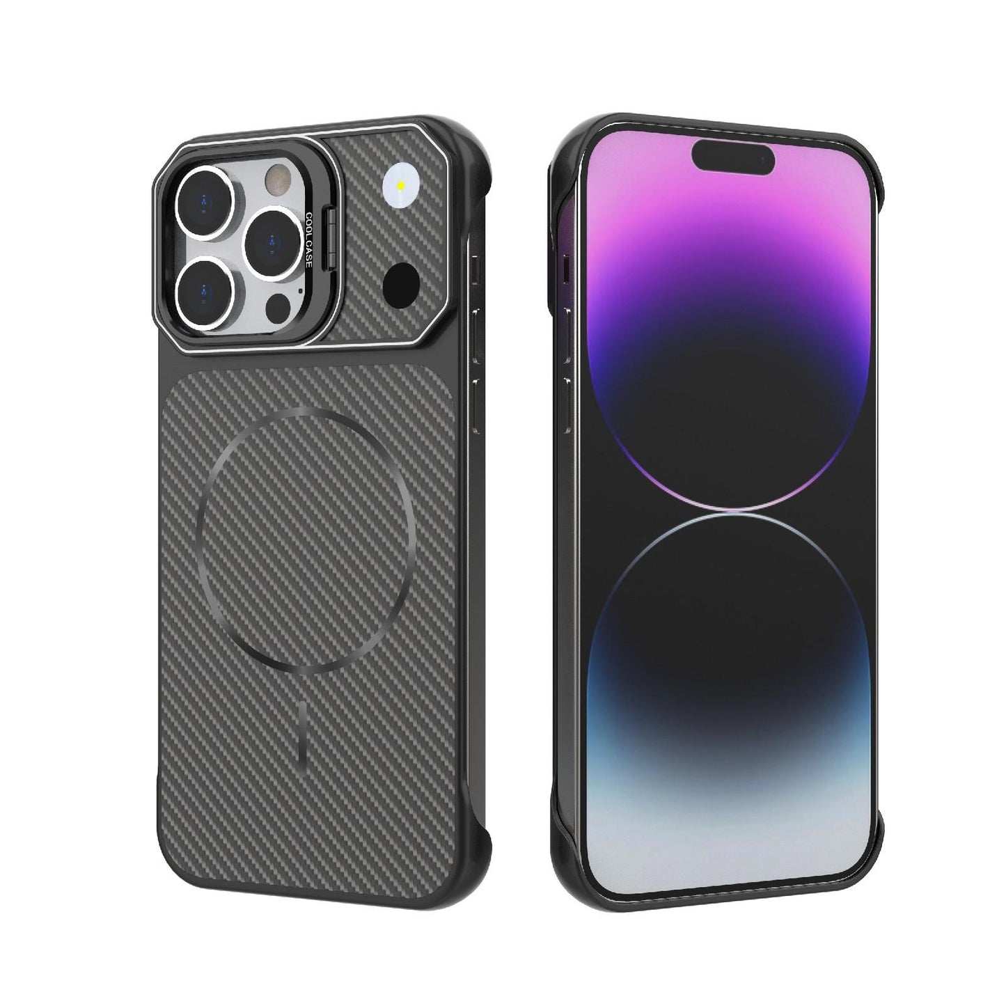 For iPhone 14 Pro Max Frameless Half-Wrapped Carbon Fiber Texture PC Magnetic Phone Case(Black)