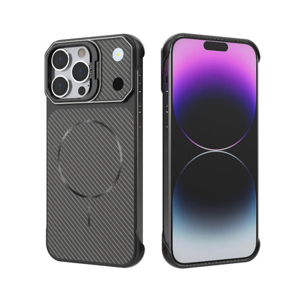 For iPhone 14 Pro Max Frameless Half-Wrapped Carbon Fiber Texture PC Magnetic Phone Case(Black)