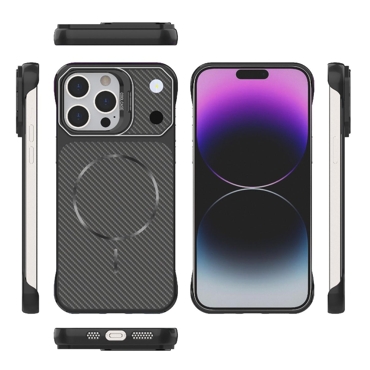 For iPhone 14 Pro Max Frameless Half-Wrapped Carbon Fiber Texture PC Magnetic Phone Case(Black)