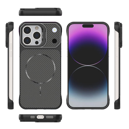 For iPhone 14 Pro Max Frameless Half-Wrapped Carbon Fiber Texture PC Magnetic Phone Case(Black)