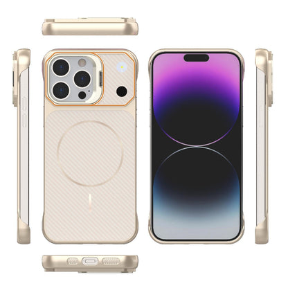 For iPhone 14 Pro Max Frameless Half-Wrapped Carbon Fiber Texture PC Magnetic Phone Case(Rose Gold)