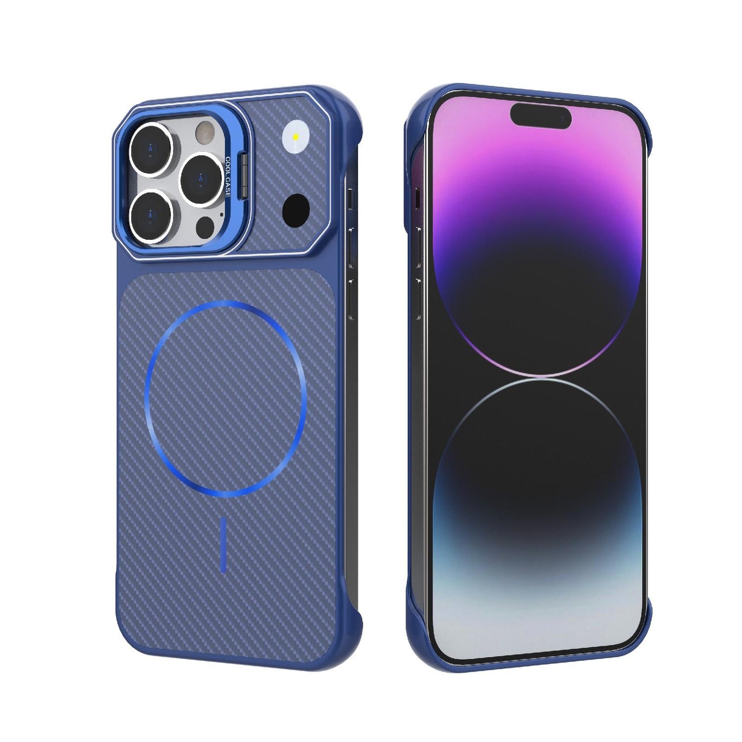 For iPhone 14 Pro Max Frameless Half-Wrapped Carbon Fiber Texture PC Magnetic Phone Case(Blue)