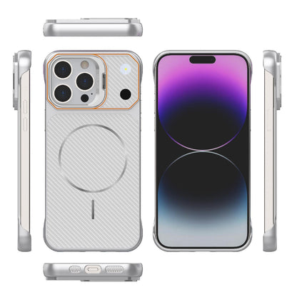 For iPhone 14 Pro Max Frameless Half-Wrapped Carbon Fiber Texture PC Magnetic Phone Case(Silver)