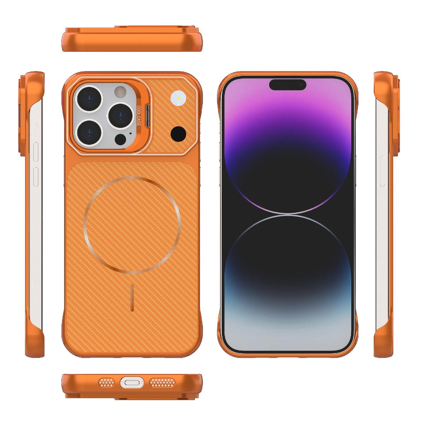 For iPhone 14 Pro Max Frameless Half-Wrapped Carbon Fiber Texture PC Magnetic Phone Case(Orange)