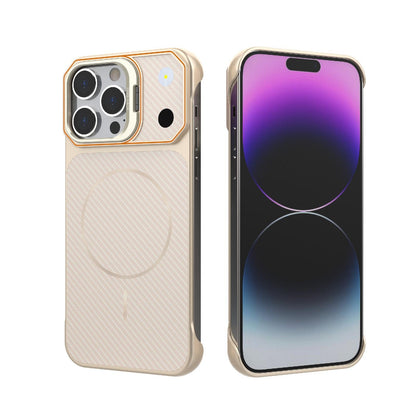 For iPhone 14 Pro Frameless Half-Wrapped Carbon Fiber Texture PC Magnetic Phone Case(Rose Gold)