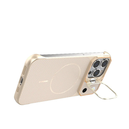 For iPhone 14 Pro Frameless Half-Wrapped Carbon Fiber Texture PC Magnetic Phone Case(Rose Gold)