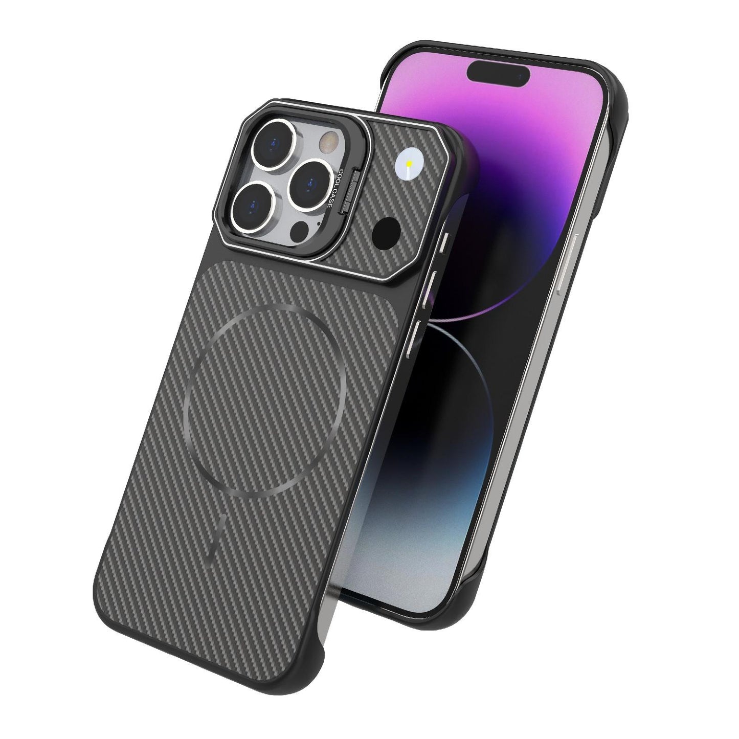 For iPhone 14 Pro Frameless Half-Wrapped Carbon Fiber Texture PC Magnetic Phone Case(Rose Gold)