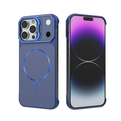 For iPhone 14 Pro Frameless Half-Wrapped Carbon Fiber Texture PC Magnetic Phone Case(Blue)