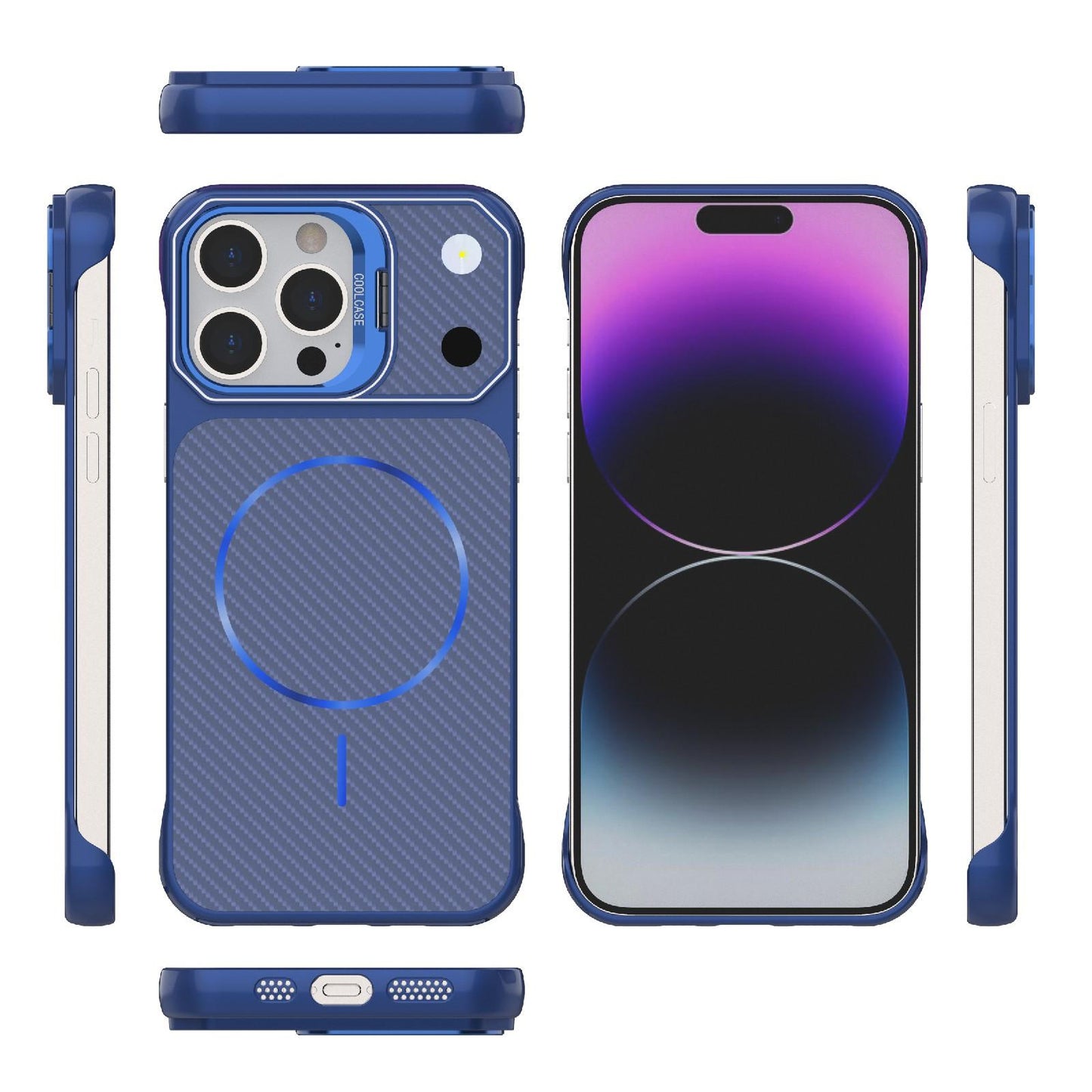 For iPhone 14 Pro Frameless Half-Wrapped Carbon Fiber Texture PC Magnetic Phone Case(Blue)