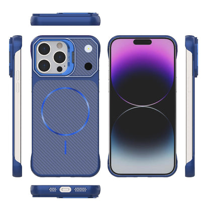 For iPhone 14 Pro Frameless Half-Wrapped Carbon Fiber Texture PC Magnetic Phone Case(Blue)