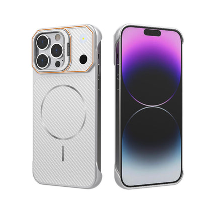For iPhone 14 Pro Frameless Half-Wrapped Carbon Fiber Texture PC Magnetic Phone Case(Silver)
