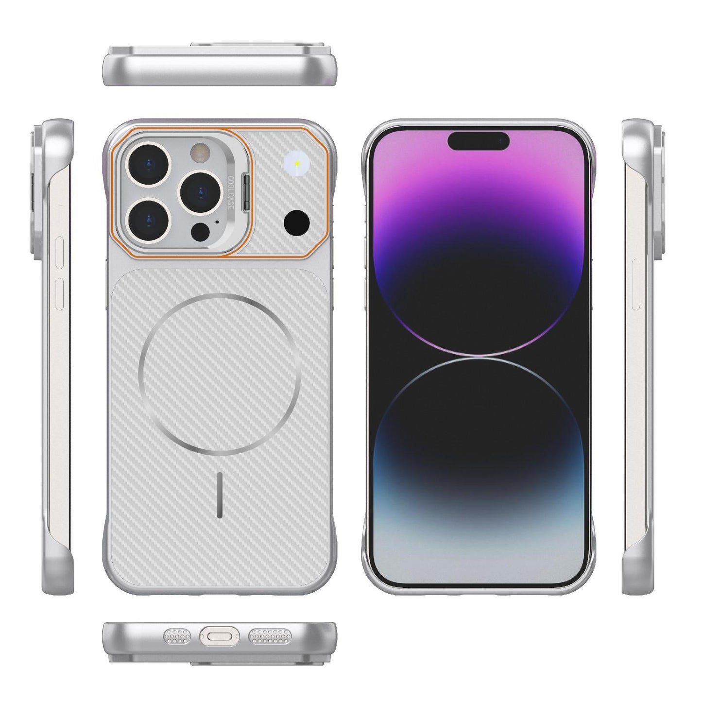 For iPhone 14 Pro Frameless Half-Wrapped Carbon Fiber Texture PC Magnetic Phone Case(Silver)