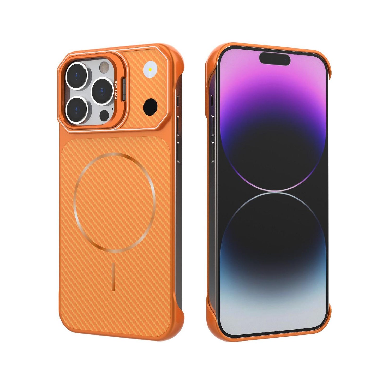 For iPhone 14 Pro Frameless Half-Wrapped Carbon Fiber Texture PC Magnetic Phone Case(Orange)