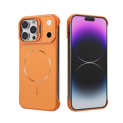 For iPhone 14 Pro Frameless Half-Wrapped Carbon Fiber Texture PC Magnetic Phone Case(Orange)