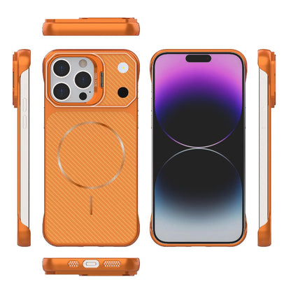 For iPhone 14 Pro Frameless Half-Wrapped Carbon Fiber Texture PC Magnetic Phone Case(Orange)