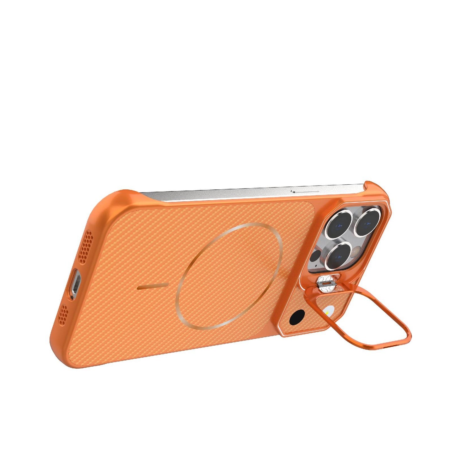 For iPhone 14 Pro Frameless Half-Wrapped Carbon Fiber Texture PC Magnetic Phone Case(Orange)