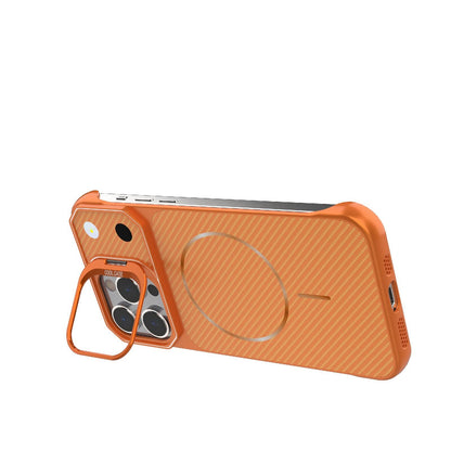 For iPhone 14 Pro Frameless Half-Wrapped Carbon Fiber Texture PC Magnetic Phone Case(Orange)