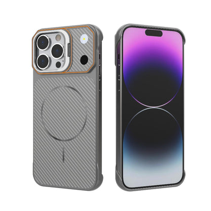For iPhone 14 Pro Frameless Half-Wrapped Carbon Fiber Texture PC Magnetic Phone Case(Gray)