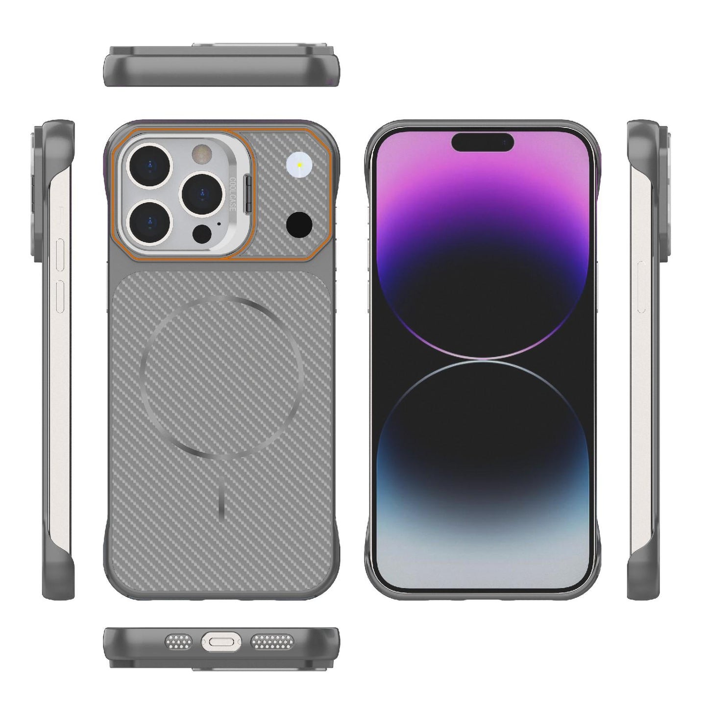 For iPhone 14 Pro Frameless Half-Wrapped Carbon Fiber Texture PC Magnetic Phone Case(Gray)
