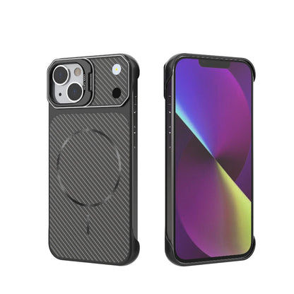For iPhone 14 Frameless Half-Wrapped Carbon Fiber Texture PC Magnetic Phone Case(Black)