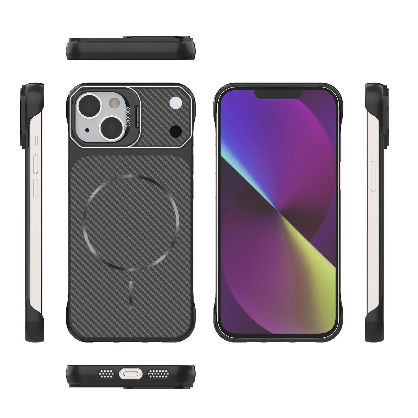For iPhone 14 Frameless Half-Wrapped Carbon Fiber Texture PC Magnetic Phone Case(Black)