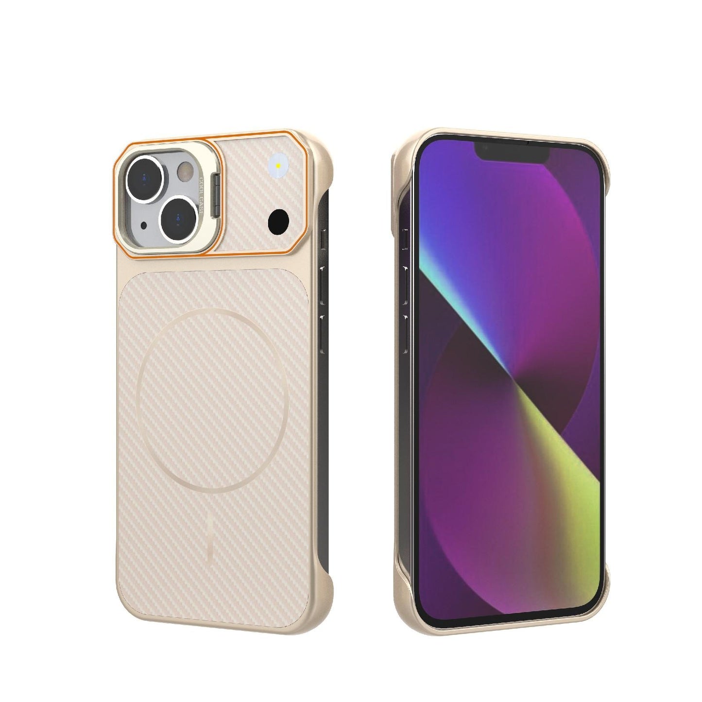 For iPhone 14 Frameless Half-Wrapped Carbon Fiber Texture PC Magnetic Phone Case(Rose Gold)