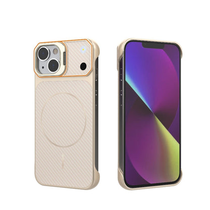For iPhone 14 Frameless Half-Wrapped Carbon Fiber Texture PC Magnetic Phone Case(Rose Gold)