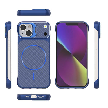 For iPhone 14 Frameless Half-Wrapped Carbon Fiber Texture PC Magnetic Phone Case(Blue)