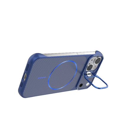 For iPhone 14 Frameless Half-Wrapped Carbon Fiber Texture PC Magnetic Phone Case(Blue)