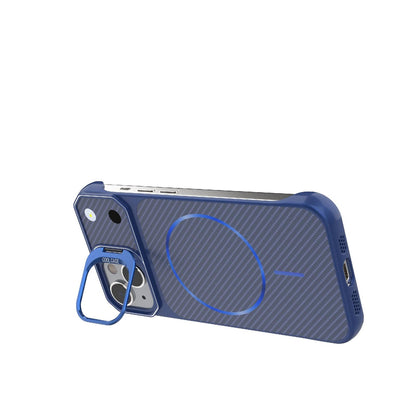 For iPhone 14 Frameless Half-Wrapped Carbon Fiber Texture PC Magnetic Phone Case(Blue)