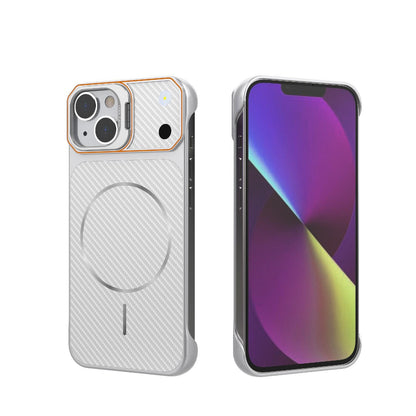 For iPhone 14 Frameless Half-Wrapped Carbon Fiber Texture PC Magnetic Phone Case(Silver)