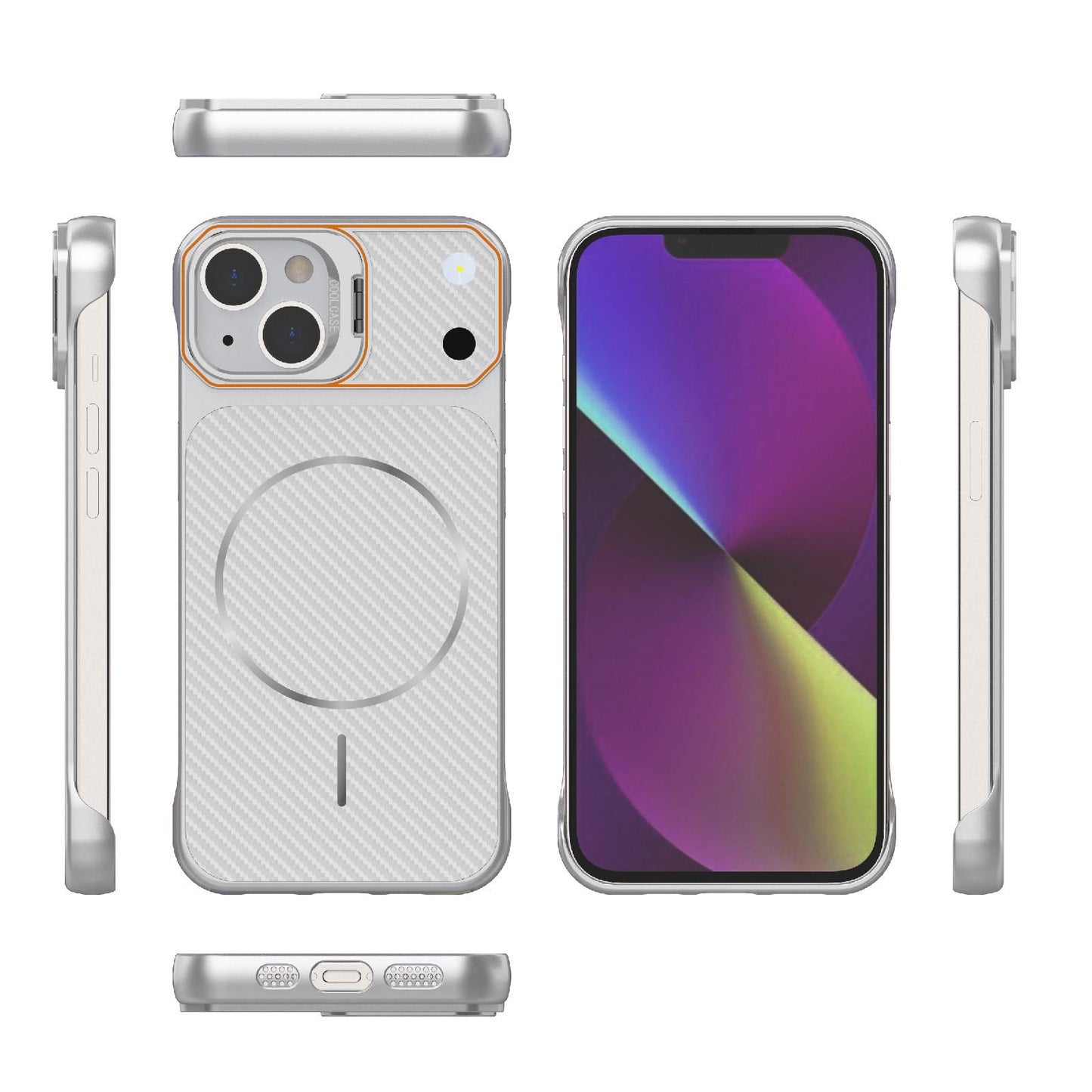 For iPhone 14 Frameless Half-Wrapped Carbon Fiber Texture PC Magnetic Phone Case(Silver)
