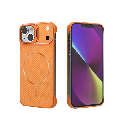 For iPhone 14 Frameless Half-Wrapped Carbon Fiber Texture PC Magnetic Phone Case(Orange)