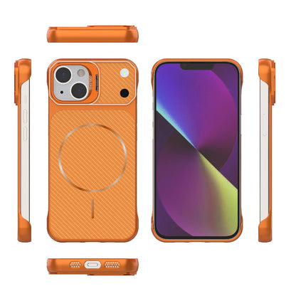 For iPhone 14 Frameless Half-Wrapped Carbon Fiber Texture PC Magnetic Phone Case(Orange)