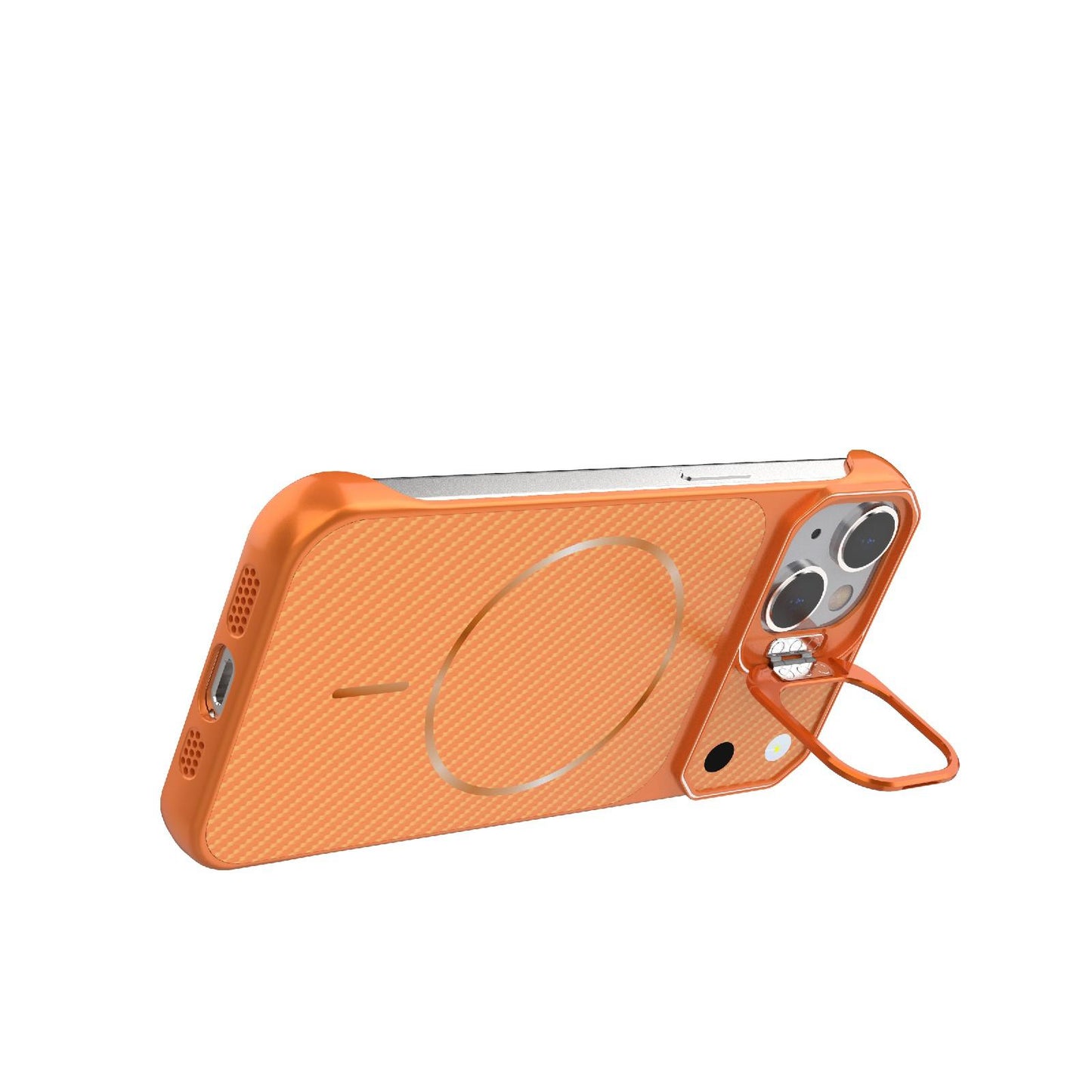 For iPhone 14 Frameless Half-Wrapped Carbon Fiber Texture PC Magnetic Phone Case(Orange)