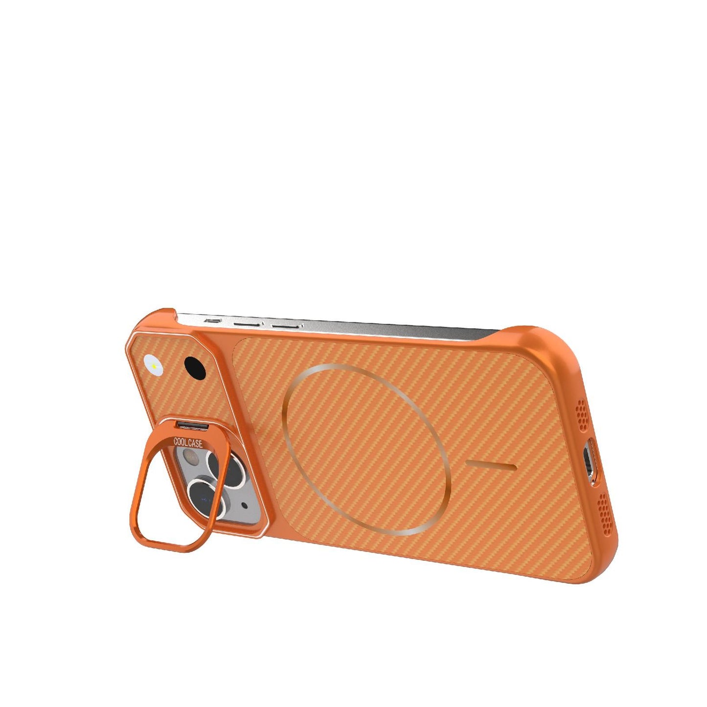 For iPhone 14 Frameless Half-Wrapped Carbon Fiber Texture PC Magnetic Phone Case(Orange)