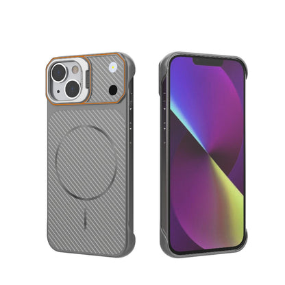 For iPhone 14 Frameless Half-Wrapped Carbon Fiber Texture PC Magnetic Phone Case(Gray)