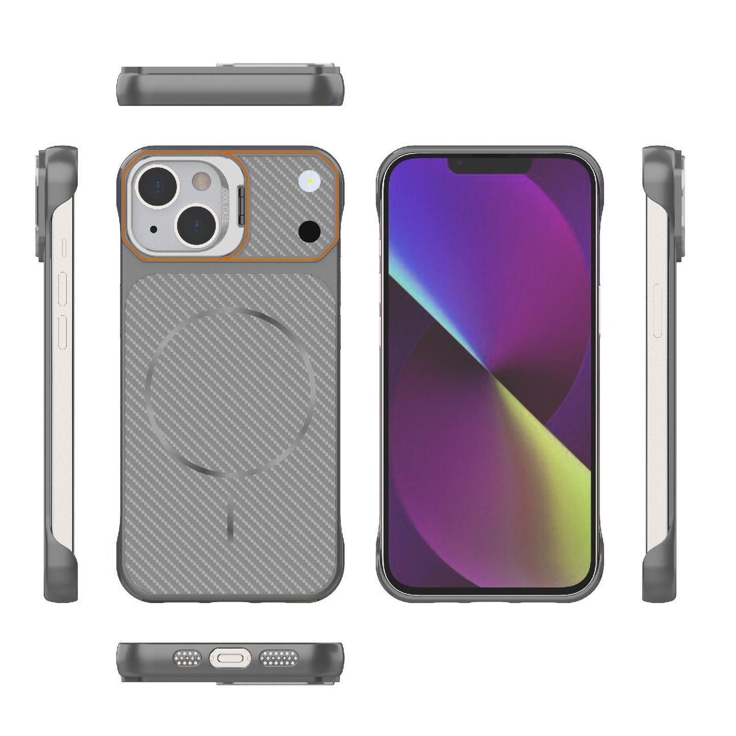 For iPhone 14 Frameless Half-Wrapped Carbon Fiber Texture PC Magnetic Phone Case(Gray)