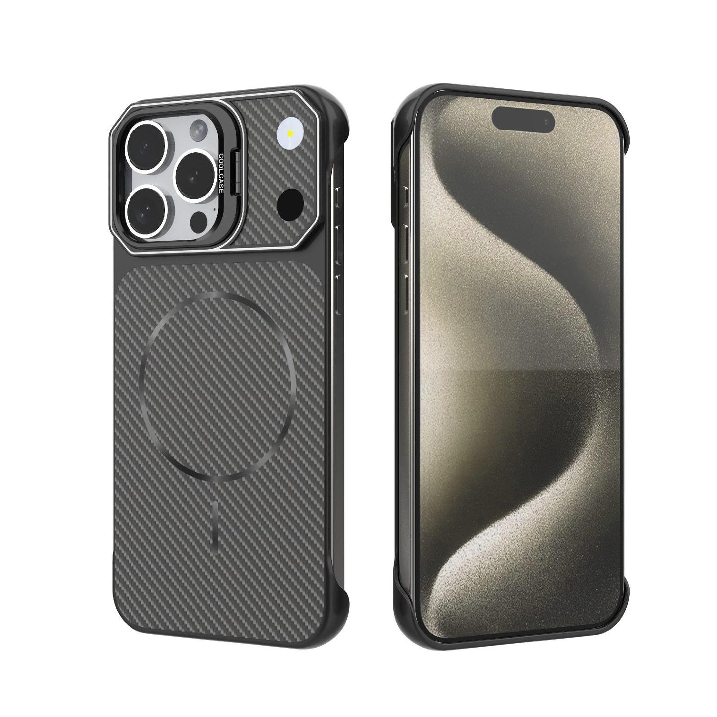 For iPhone 15 Pro Max Frameless Half-Wrapped Carbon Fiber Texture PC Magnetic Phone Case(Black)