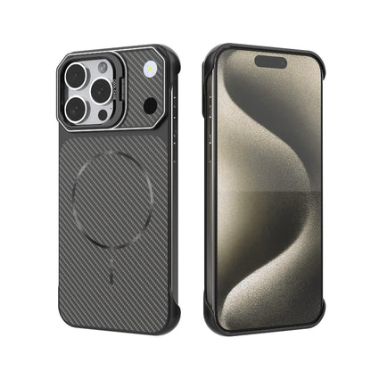For iPhone 15 Pro Max Frameless Half-Wrapped Carbon Fiber Texture PC Magnetic Phone Case(Black)