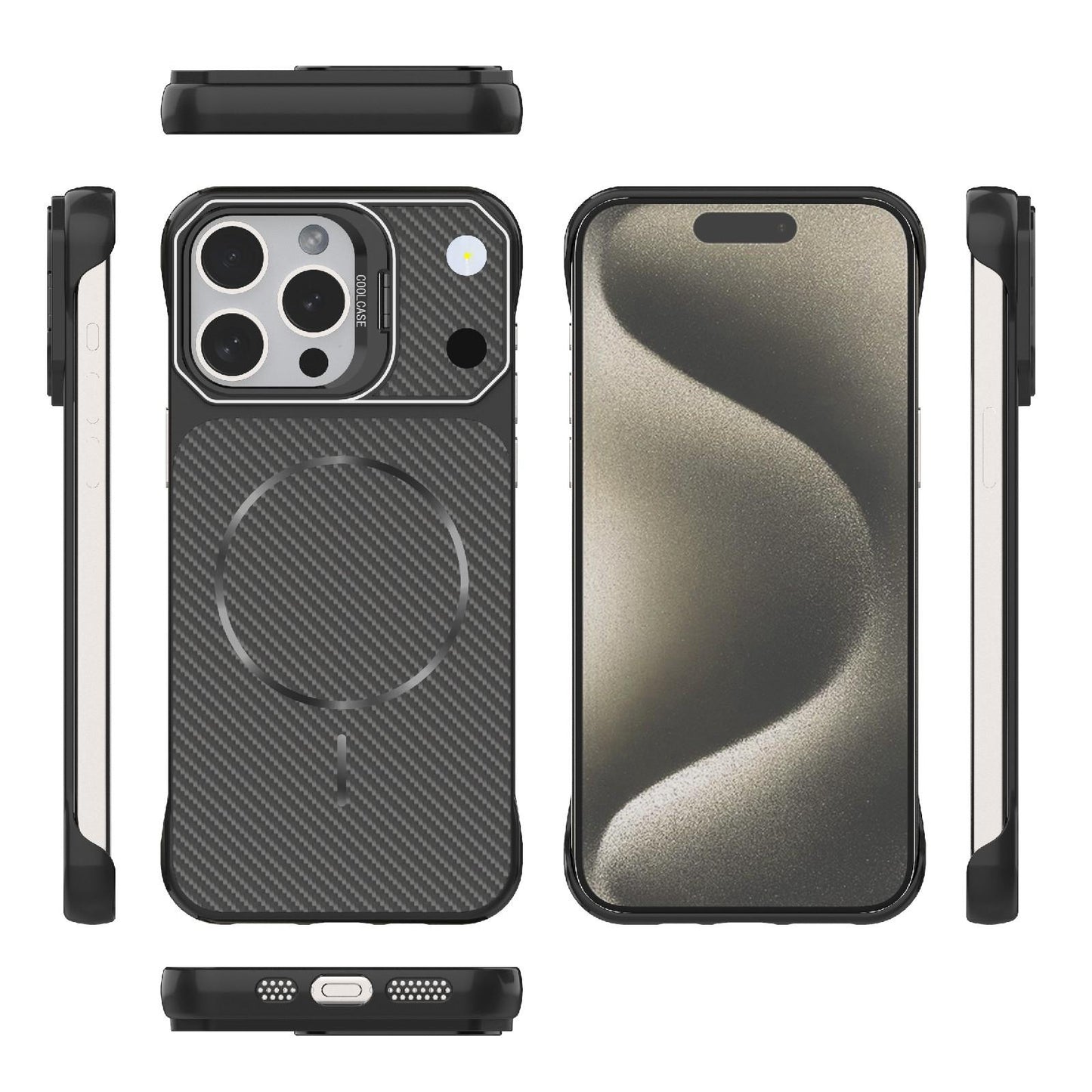 For iPhone 15 Pro Max Frameless Half-Wrapped Carbon Fiber Texture PC Magnetic Phone Case(Black)