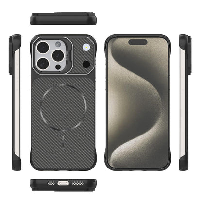 For iPhone 15 Pro Max Frameless Half-Wrapped Carbon Fiber Texture PC Magnetic Phone Case(Black)