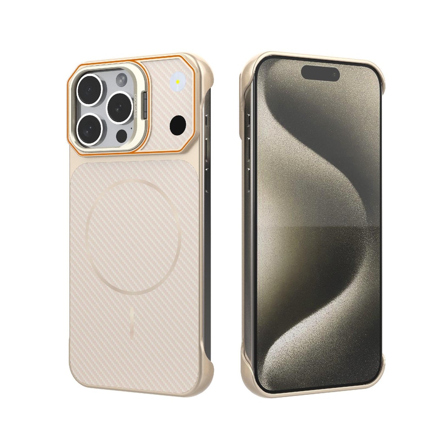 For iPhone 15 Pro Max Frameless Half-Wrapped Carbon Fiber Texture PC Magnetic Phone Case(Rose Gold)