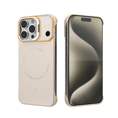 For iPhone 15 Pro Max Frameless Half-Wrapped Carbon Fiber Texture PC Magnetic Phone Case(Rose Gold)