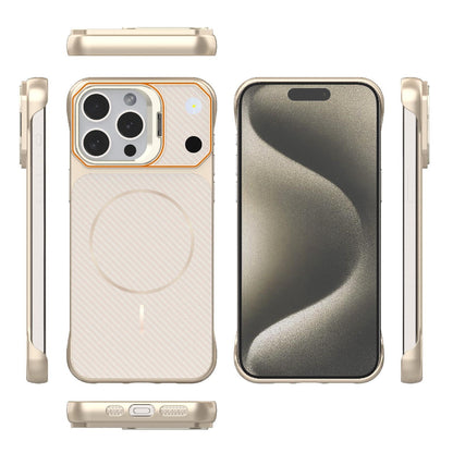 For iPhone 15 Pro Max Frameless Half-Wrapped Carbon Fiber Texture PC Magnetic Phone Case(Rose Gold)