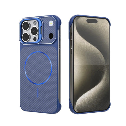 For iPhone 15 Pro Max Frameless Half-Wrapped Carbon Fiber Texture PC Magnetic Phone Case(Blue)