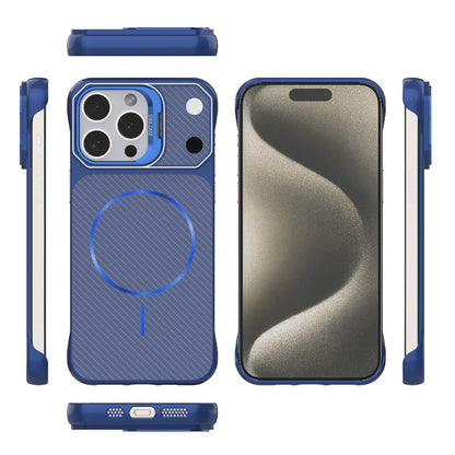 For iPhone 15 Pro Max Frameless Half-Wrapped Carbon Fiber Texture PC Magnetic Phone Case(Blue)