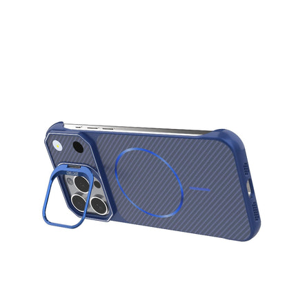 For iPhone 15 Pro Max Frameless Half-Wrapped Carbon Fiber Texture PC Magnetic Phone Case(Blue)