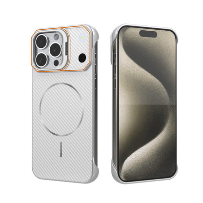 For iPhone 15 Pro Max Frameless Half-Wrapped Carbon Fiber Texture PC Magnetic Phone Case(Silver)