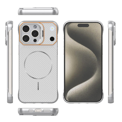 For iPhone 15 Pro Max Frameless Half-Wrapped Carbon Fiber Texture PC Magnetic Phone Case(Silver)